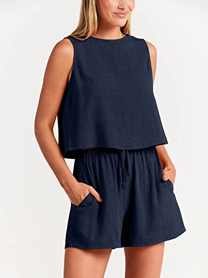 New women's casual sleeveless solid color loose high-waisted shorts two-piece set