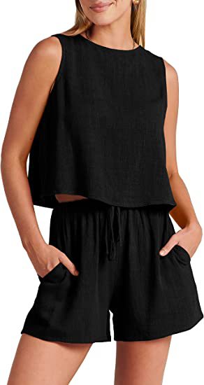 New women's casual sleeveless solid color loose high-waisted shorts two-piece set