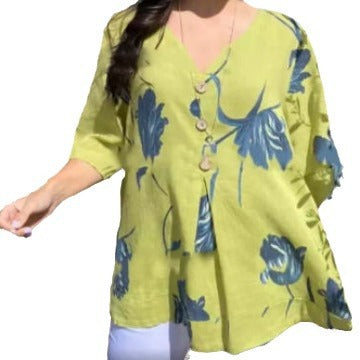 Printed cotton linen V-neck short-sleeved pullover shirt