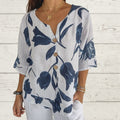 Printed cotton linen V-neck short-sleeved pullover shirt