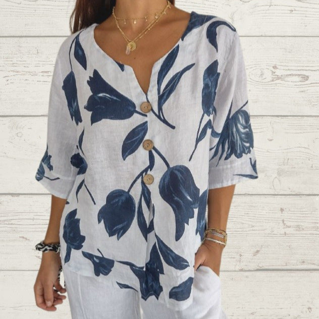 Printed cotton linen V-neck short-sleeved pullover shirt