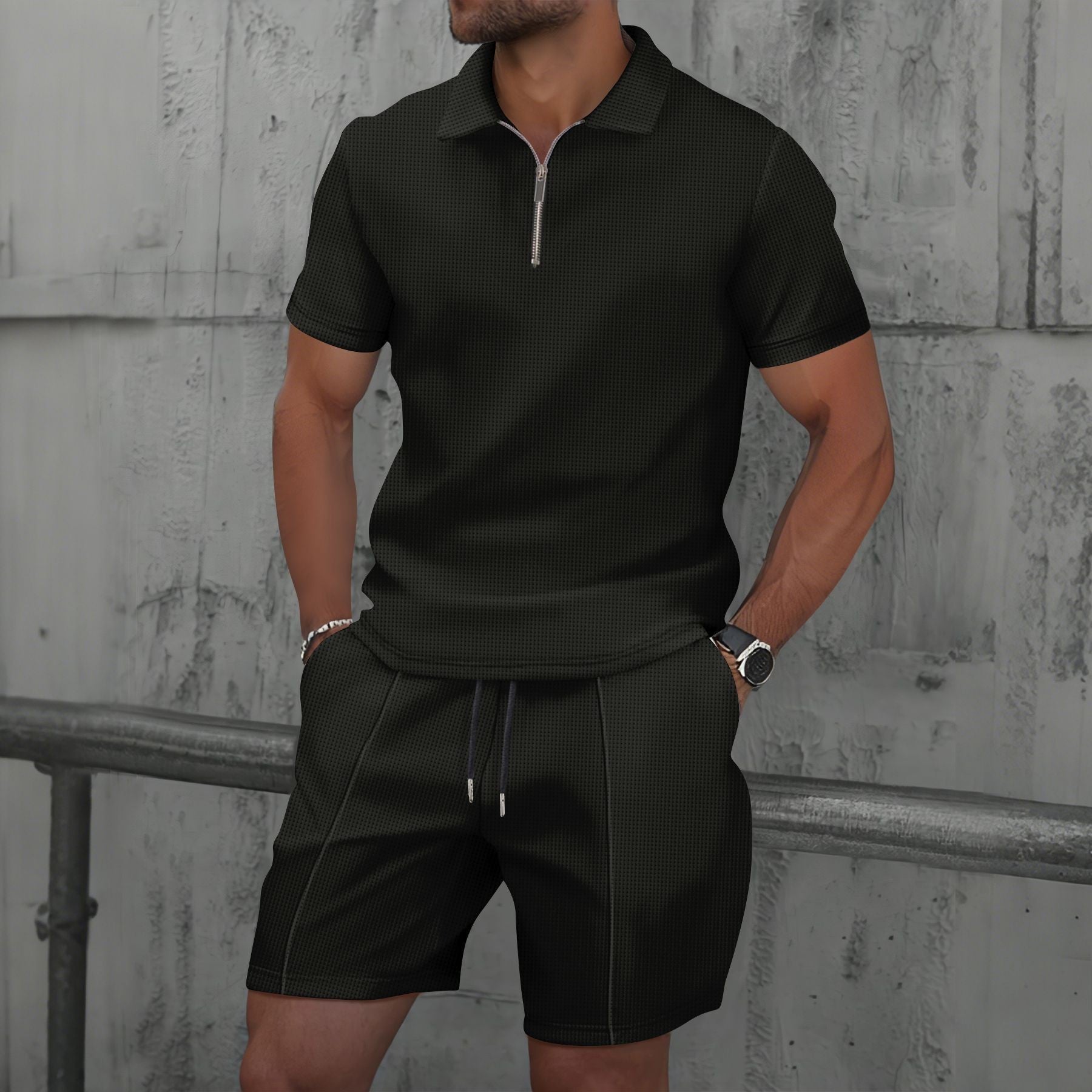 Men’s Half-Zip Polo Shirt & Drawstring Shorts Textured 2-Piece Set