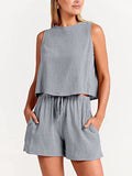New women's casual sleeveless solid color loose high-waisted shorts two-piece set