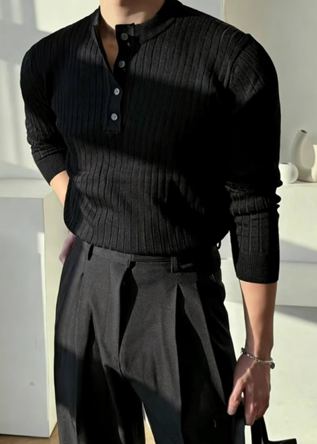 Men’s Ribbed Henley Knit Shirt – Slim Fit Muscle Long Sleeve Casual Sweater