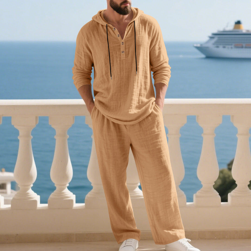 Men’s Half Button Hooded Long Sleeve Top & Drawstring Straight Pants 2-Piece Casual Set
