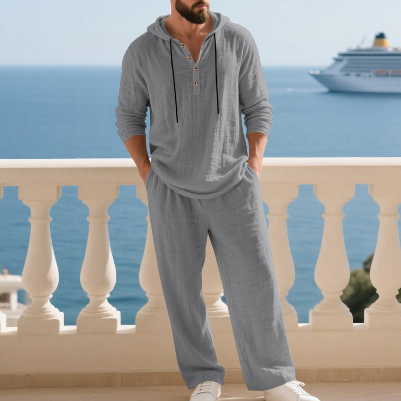 Men’s Half Button Hooded Long Sleeve Top & Drawstring Straight Pants 2-Piece Casual Set
