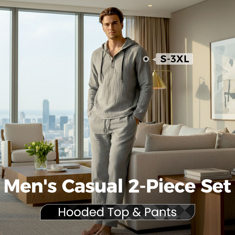 Men’s Half Button Hooded Long Sleeve Top & Drawstring Straight Pants 2-Piece Casual Set