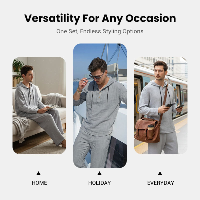 Men’s Half Button Hooded Long Sleeve Top & Drawstring Straight Pants 2-Piece Casual Set