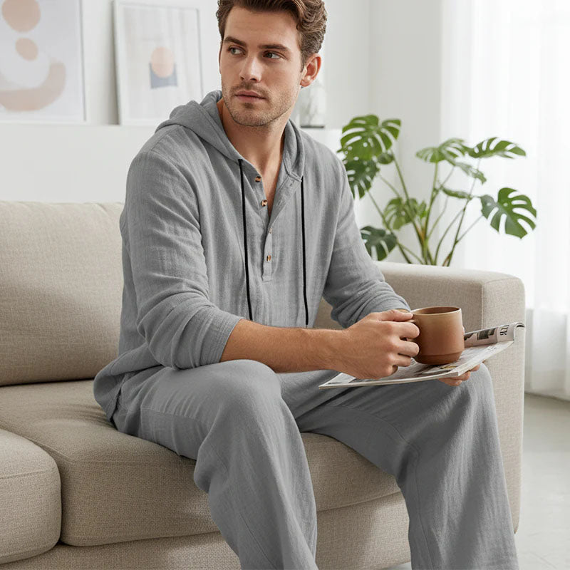 Men’s Half Button Hooded Long Sleeve Top & Drawstring Straight Pants 2-Piece Casual Set