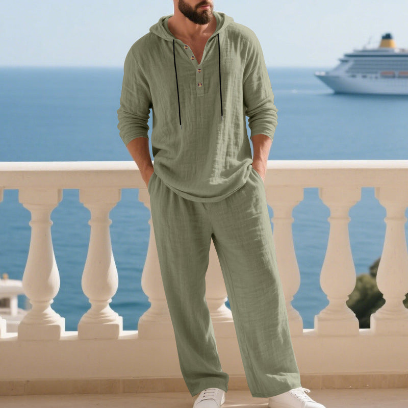 Men’s Half Button Hooded Long Sleeve Top & Drawstring Straight Pants 2-Piece Casual Set