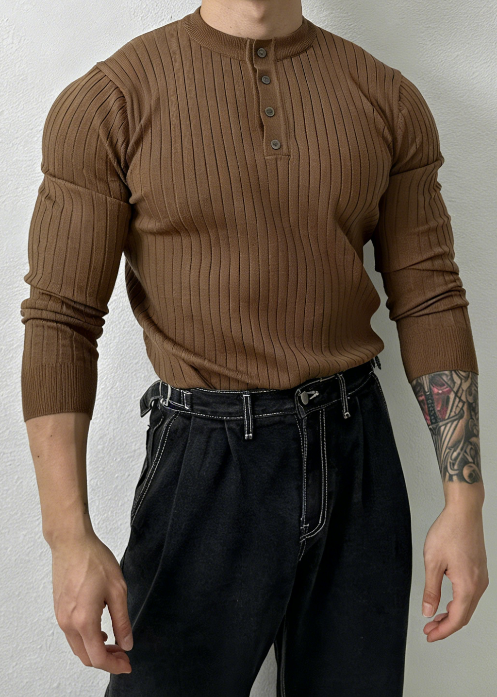 Men’s Ribbed Henley Knit Shirt – Slim Fit Muscle Long Sleeve Casual Sweater