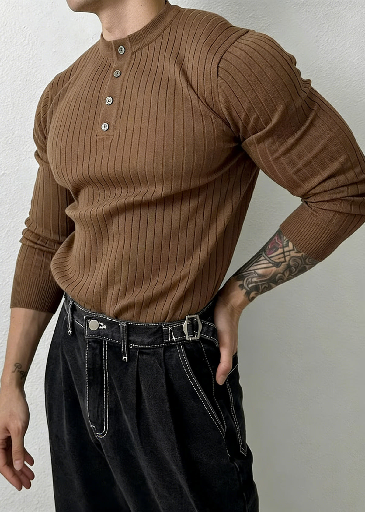 Men’s Ribbed Henley Knit Shirt – Slim Fit Muscle Long Sleeve Casual Sweater