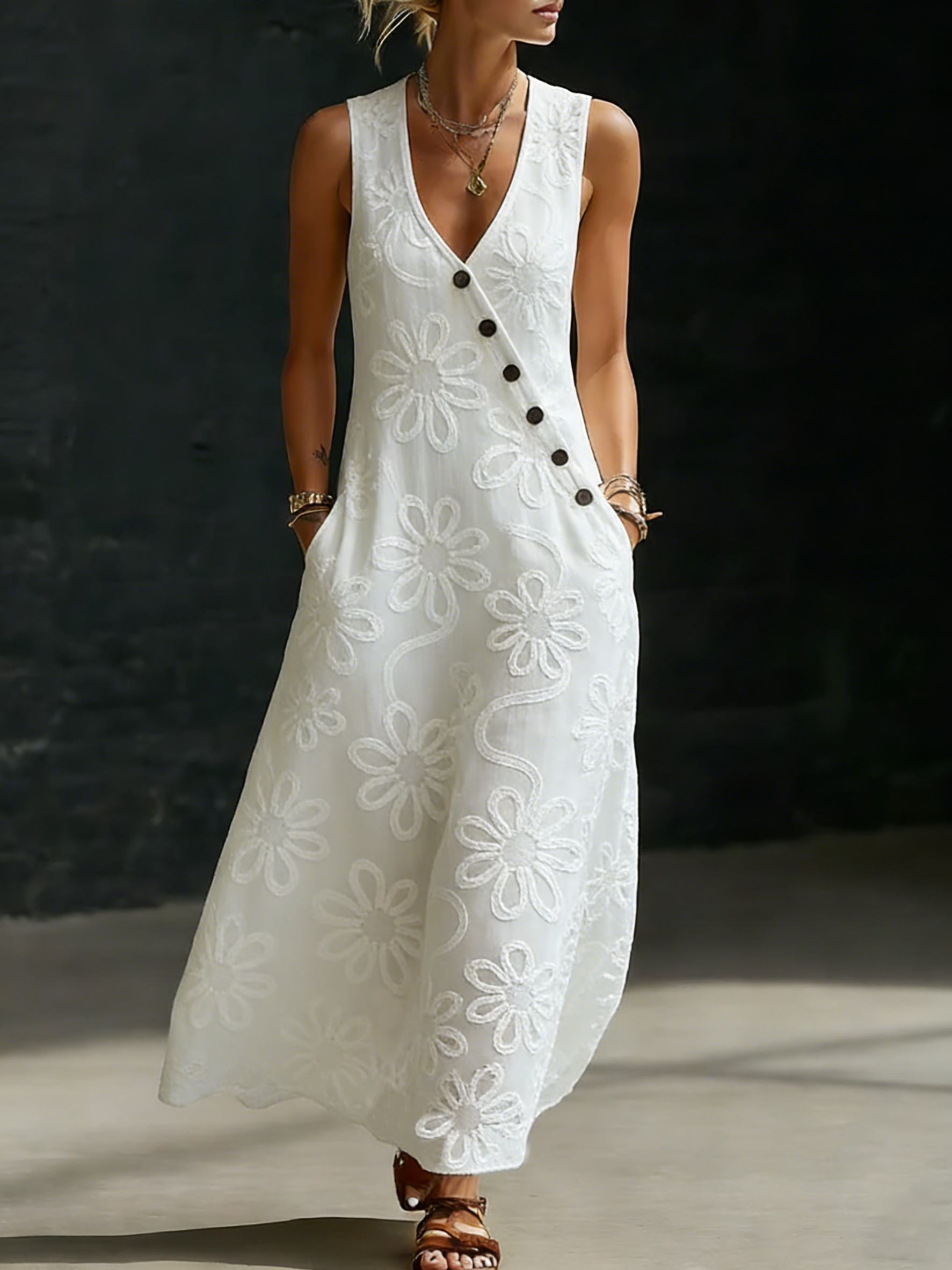 Vestido Midi de Algodón con Escote en V