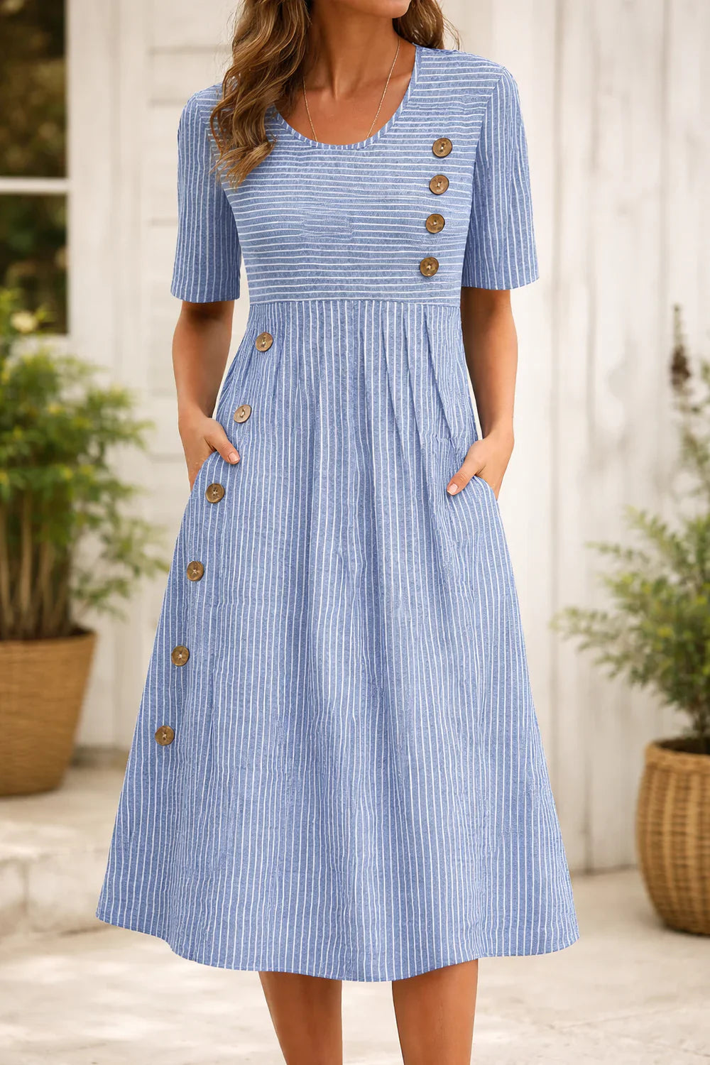 Women's Linen Blend Button-Detail Midi Dress