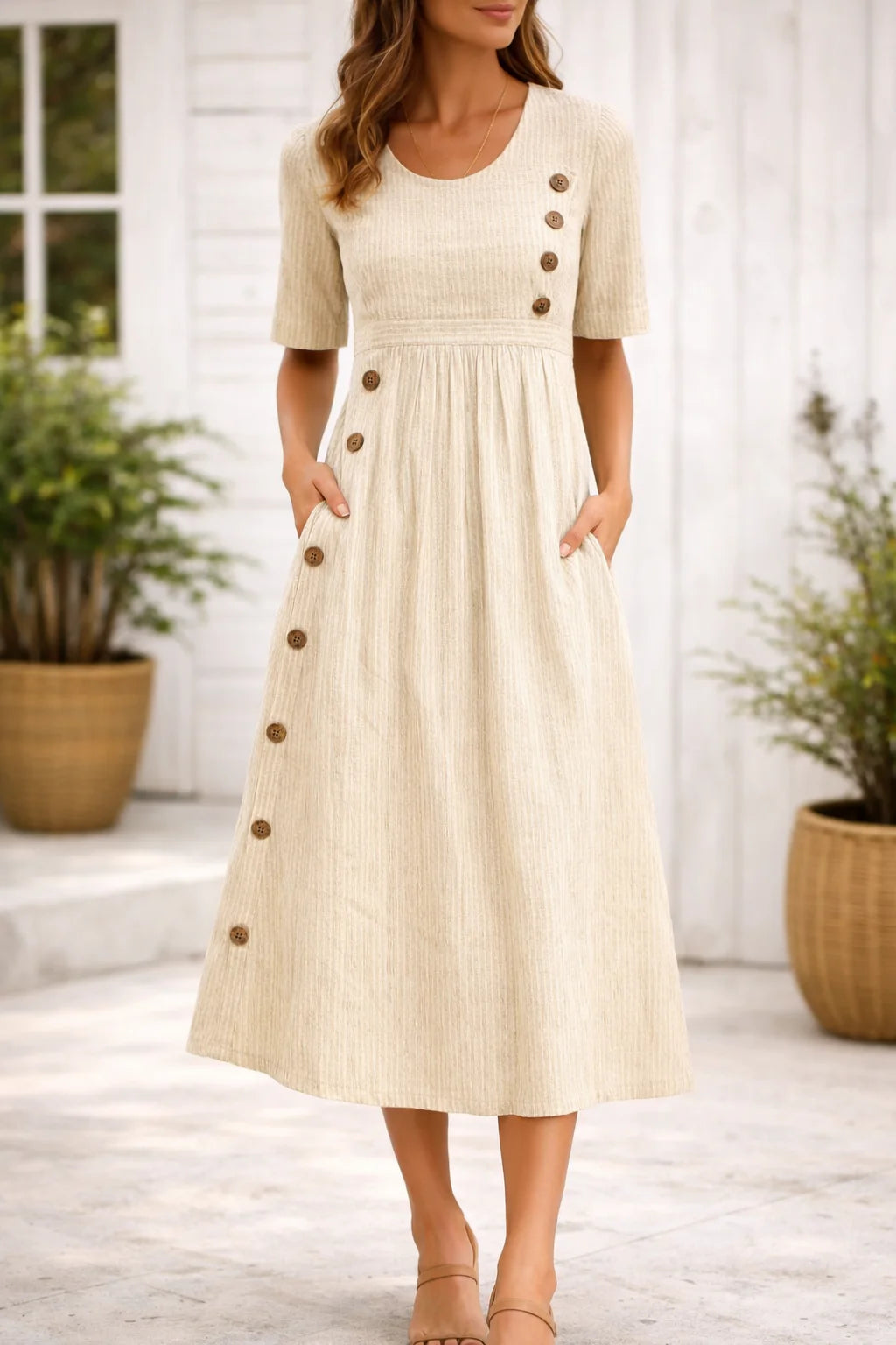 Women's Linen Blend Button-Detail Midi Dress