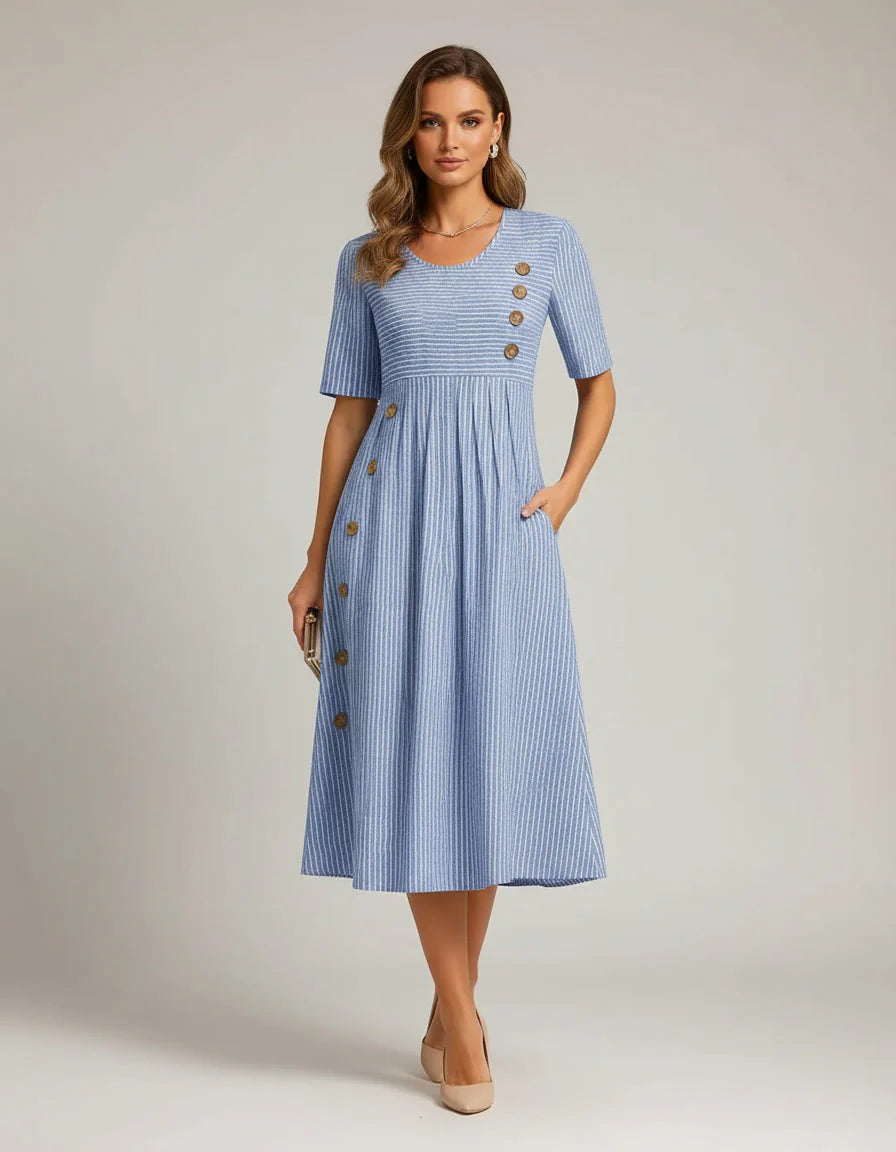 Women's Linen Blend Button-Detail Midi Dress