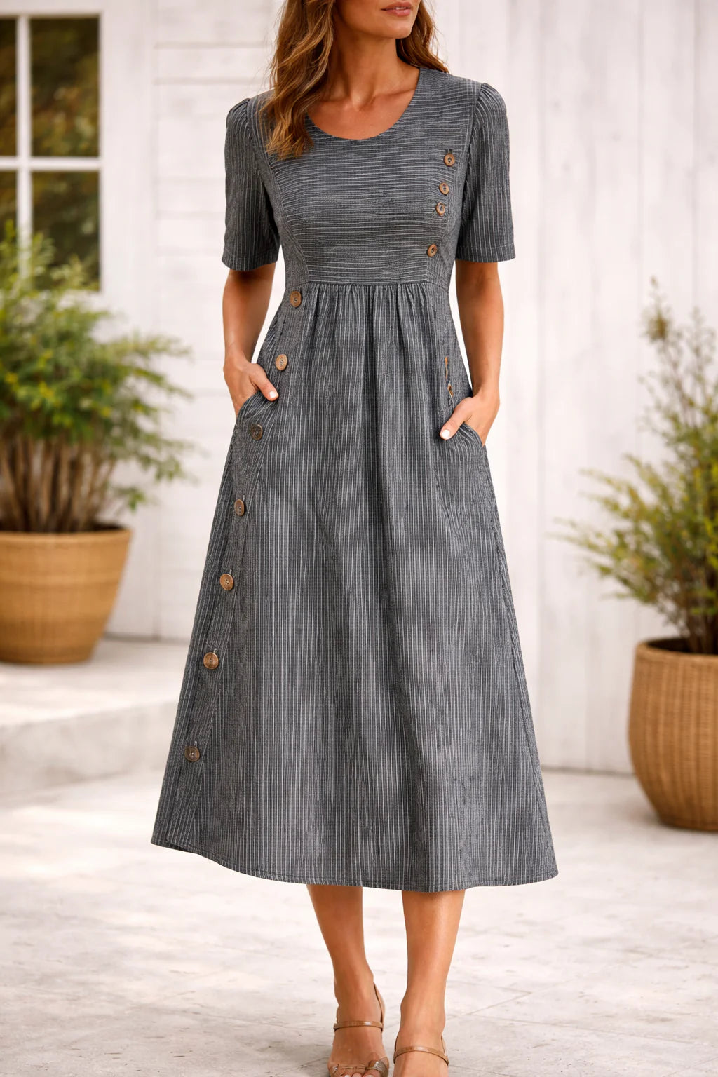 Women's Linen Blend Button-Detail Midi Dress