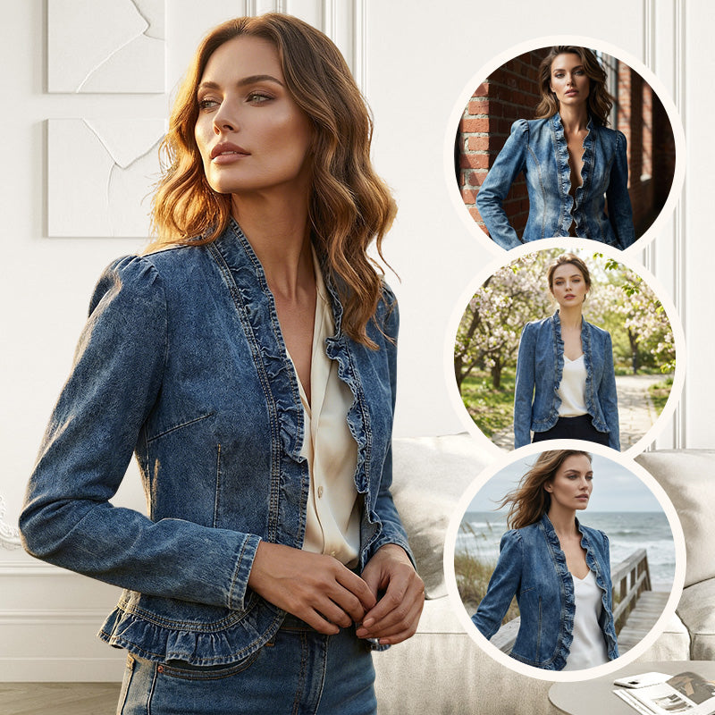 🧥 50% OFF NOW!! 🌸 Women's Denim Jacket with Ruffles & Open Front – Lightweight & Feminine – Versatile & Chic 👗