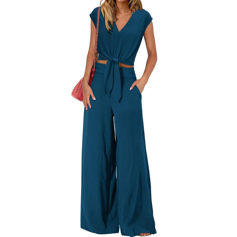 👗 50% OFF NOW! 🌿 Women's V-Neck Tie-Front Top & Wide-Leg Pants Set – Breathable Linen, Flattering Fit & Versatile Style ✨