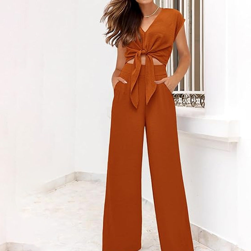 👗 50% OFF NOW! 🌿 Women's V-Neck Tie-Front Top & Wide-Leg Pants Set – Breathable Linen, Flattering Fit & Versatile Style ✨