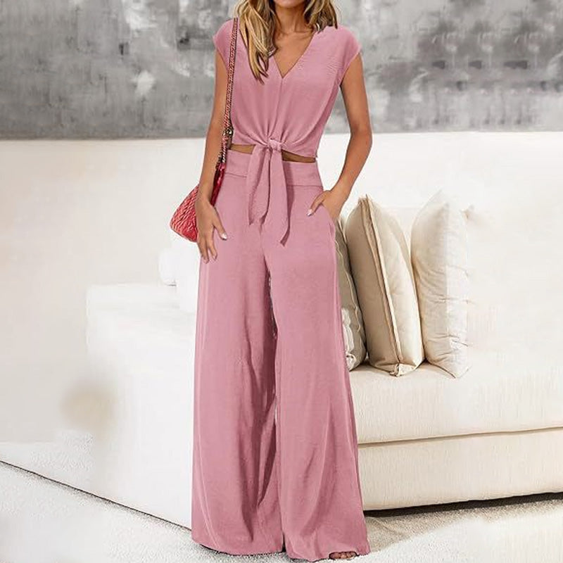 👗 50% OFF NOW! 🌿 Women's V-Neck Tie-Front Top & Wide-Leg Pants Set – Breathable Linen, Flattering Fit & Versatile Style ✨